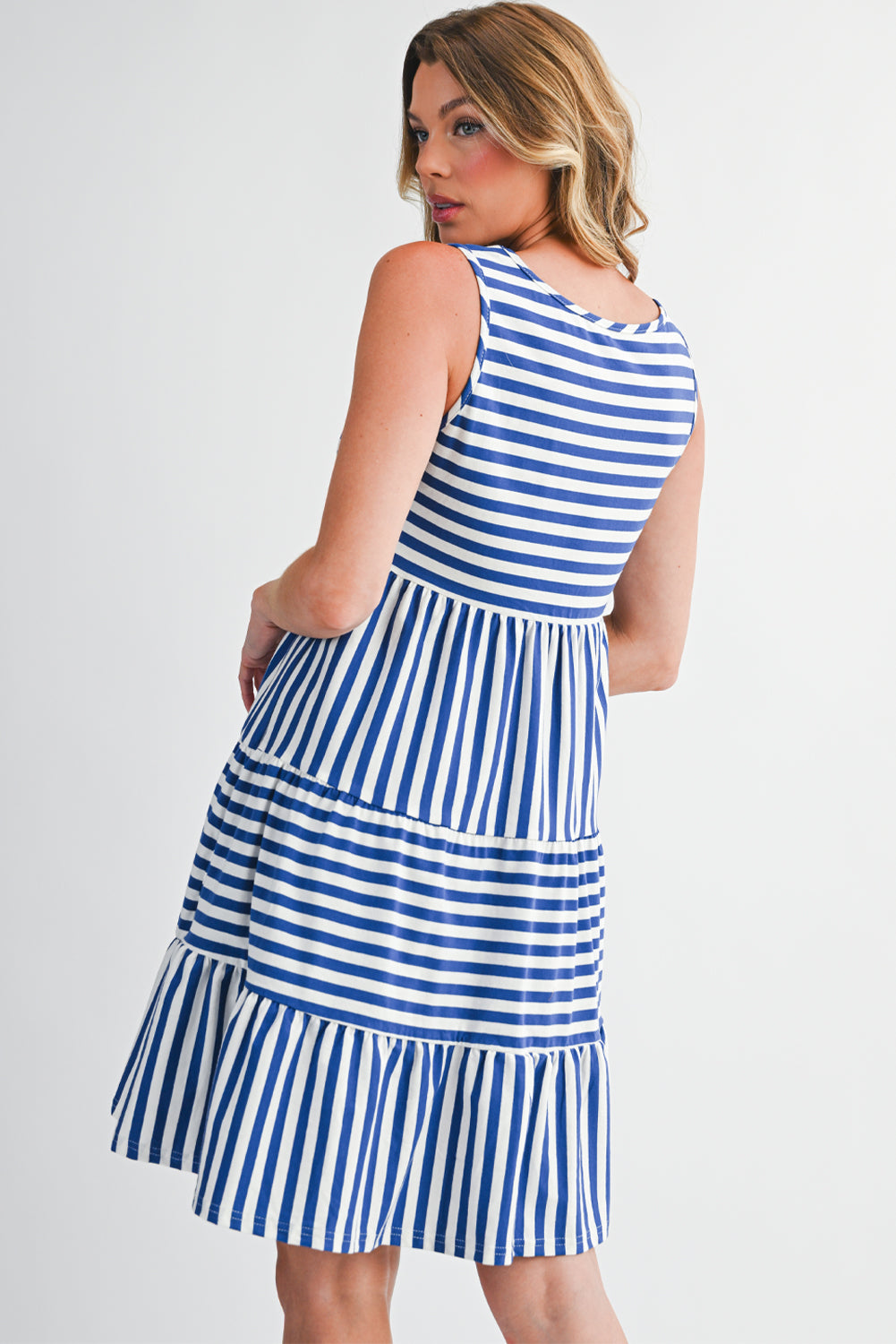 Women's Sky Blue Striped Mini Dress | U-Neck Sleeveless Loose Fit