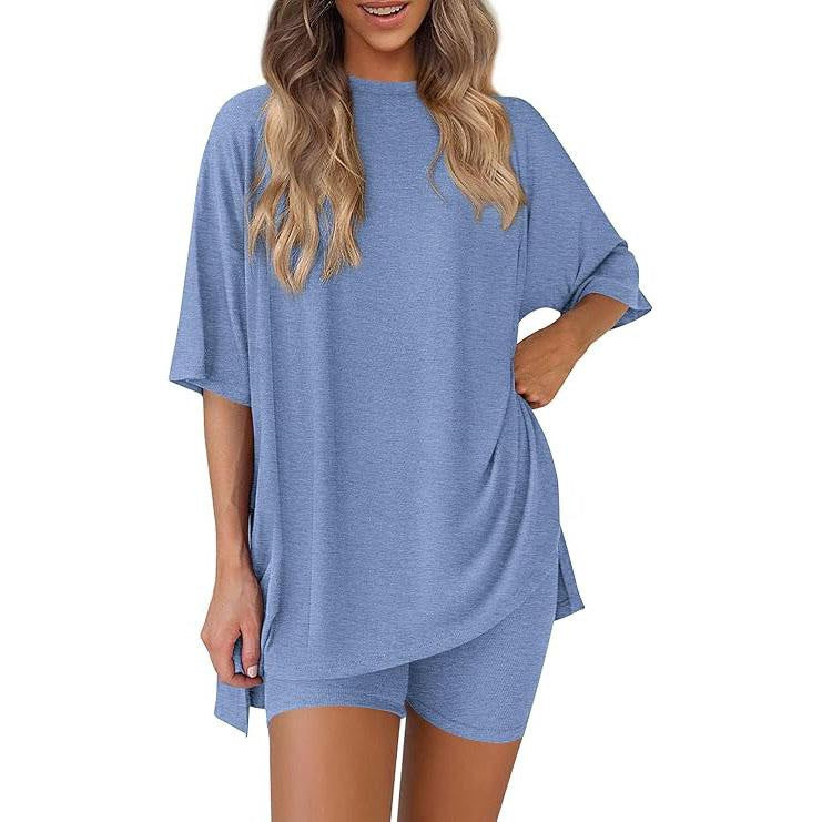 Women's Crew Neck Loungewear Set | Split Hem Loose-Fit Home Suit