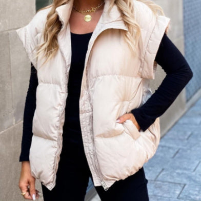 Women's Solid Color Quilted Vest | Stand Collar Zip Pocket Coat