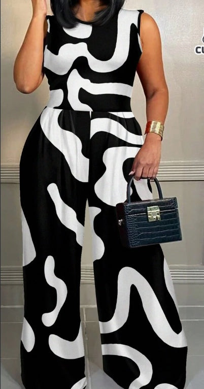 Plus Size Women's Jumpsuit | Geometric Pattern Sleeveless Summer