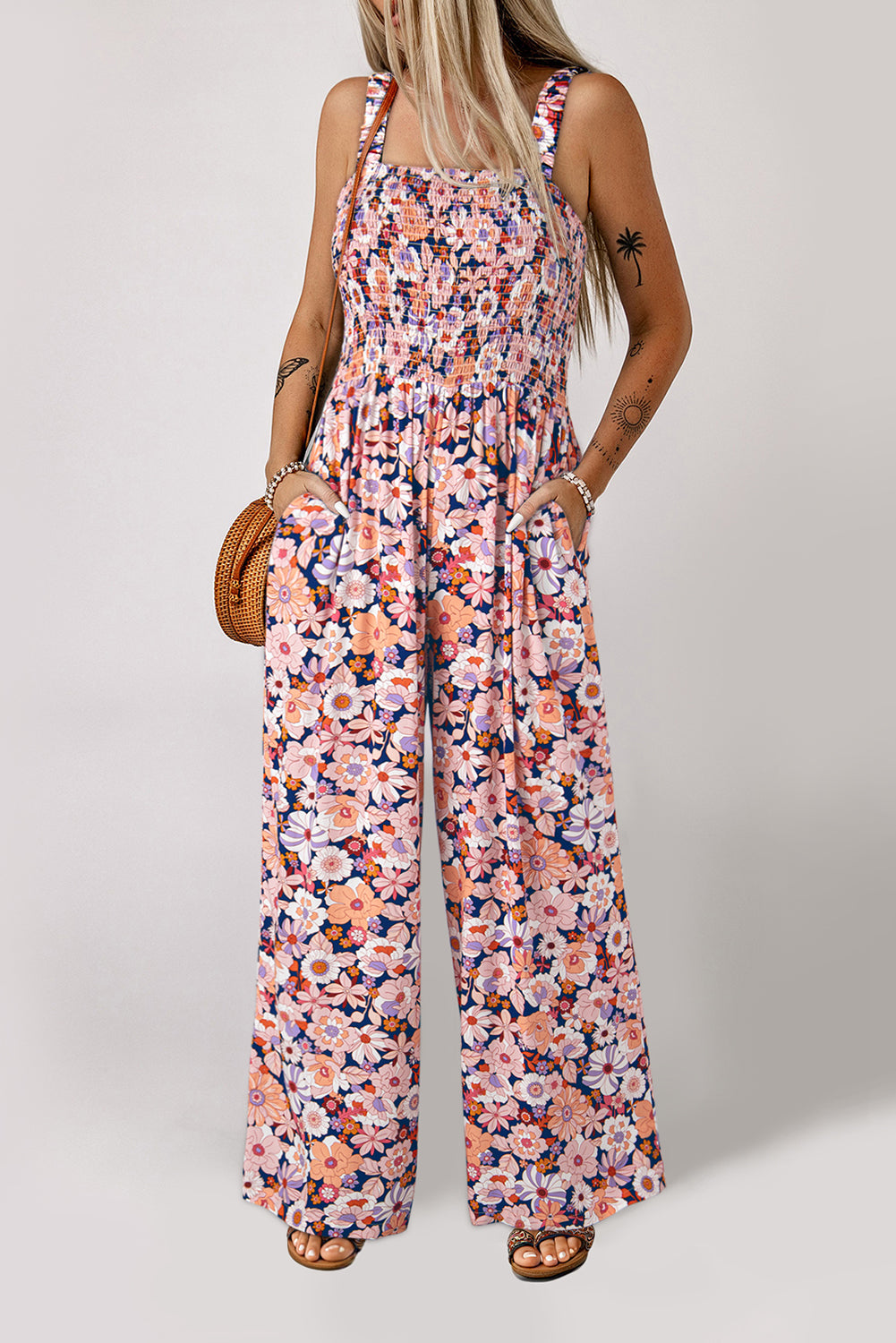 Women's Purple Floral Jumpsuit | Square Neck High Waist Stretch
