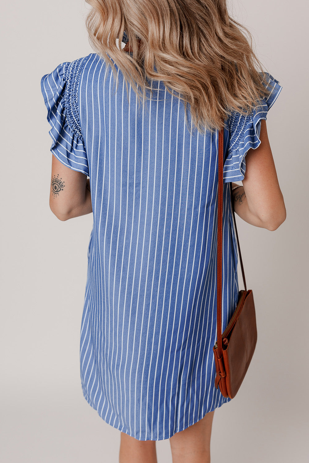 Women's Sky Blue Striped Mini Dress | Frilly Split Neck with Ruffle Sleeves