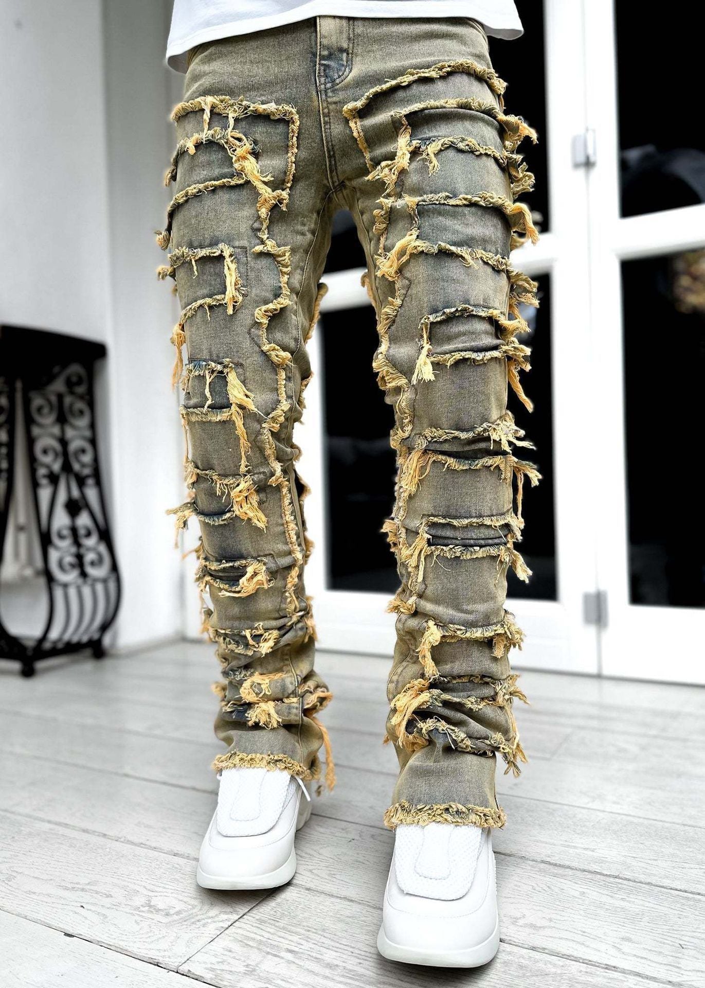 Men's Patched Skinny Fit Cotton Jeans – Stacked Ankle Slim Leg