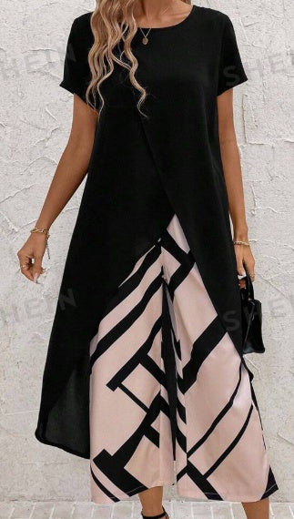 Women's Asymmetric Hem Top & Printed Pants Set | Two-Piece Outfit