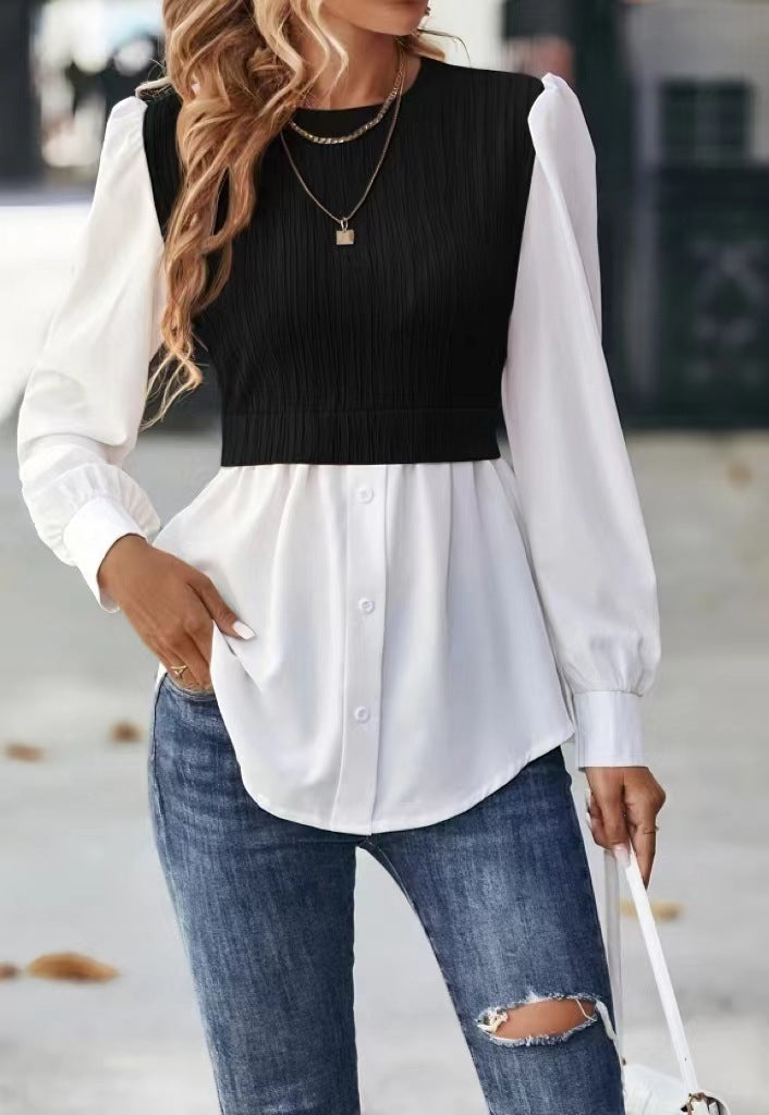 Women's Wavy Stripes Blouse | Fashion Stitching Detail Top
