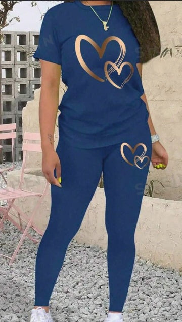 Women's Heart Print Set | Short Sleeve T-Shirt & Leggings Outfit