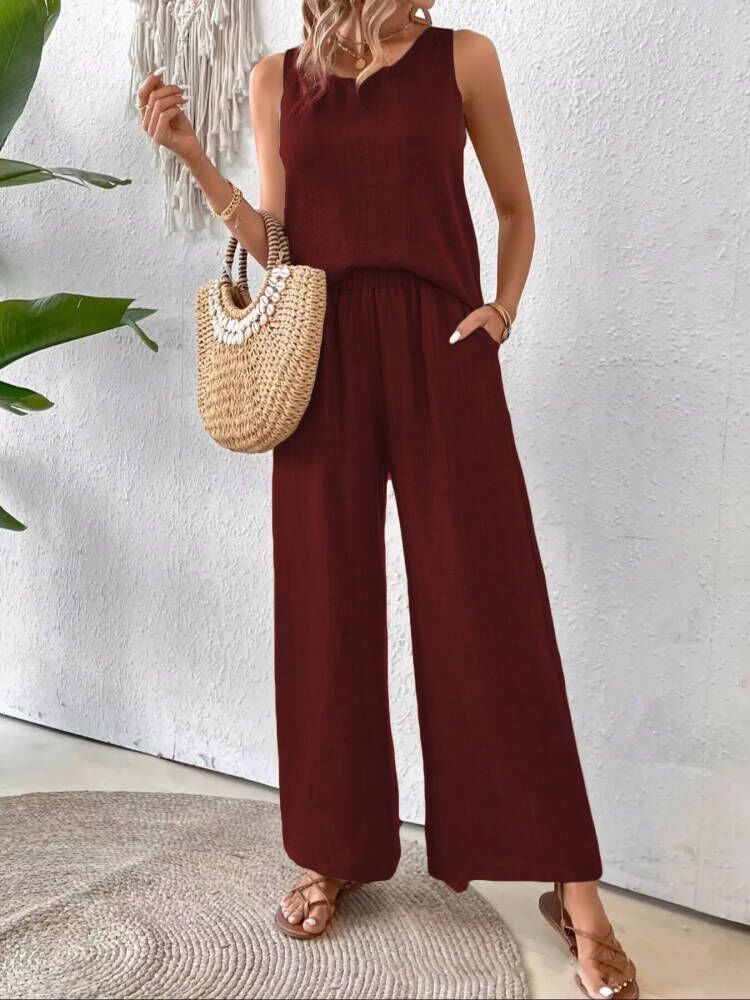 Women's Sleeveless Solid Color Set Lace Suit