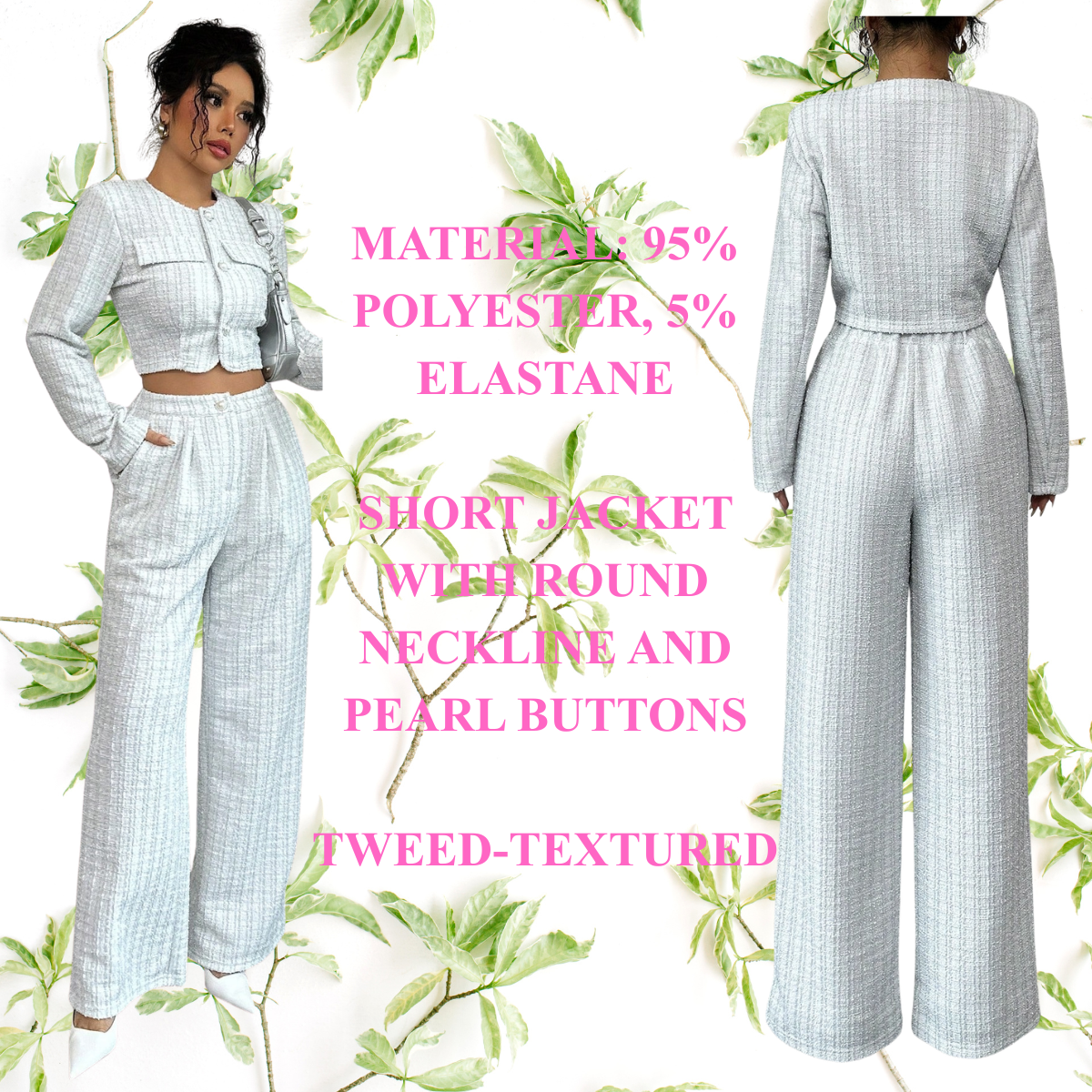 Women's Tweed Jacket with Pearl Button & Pants Set