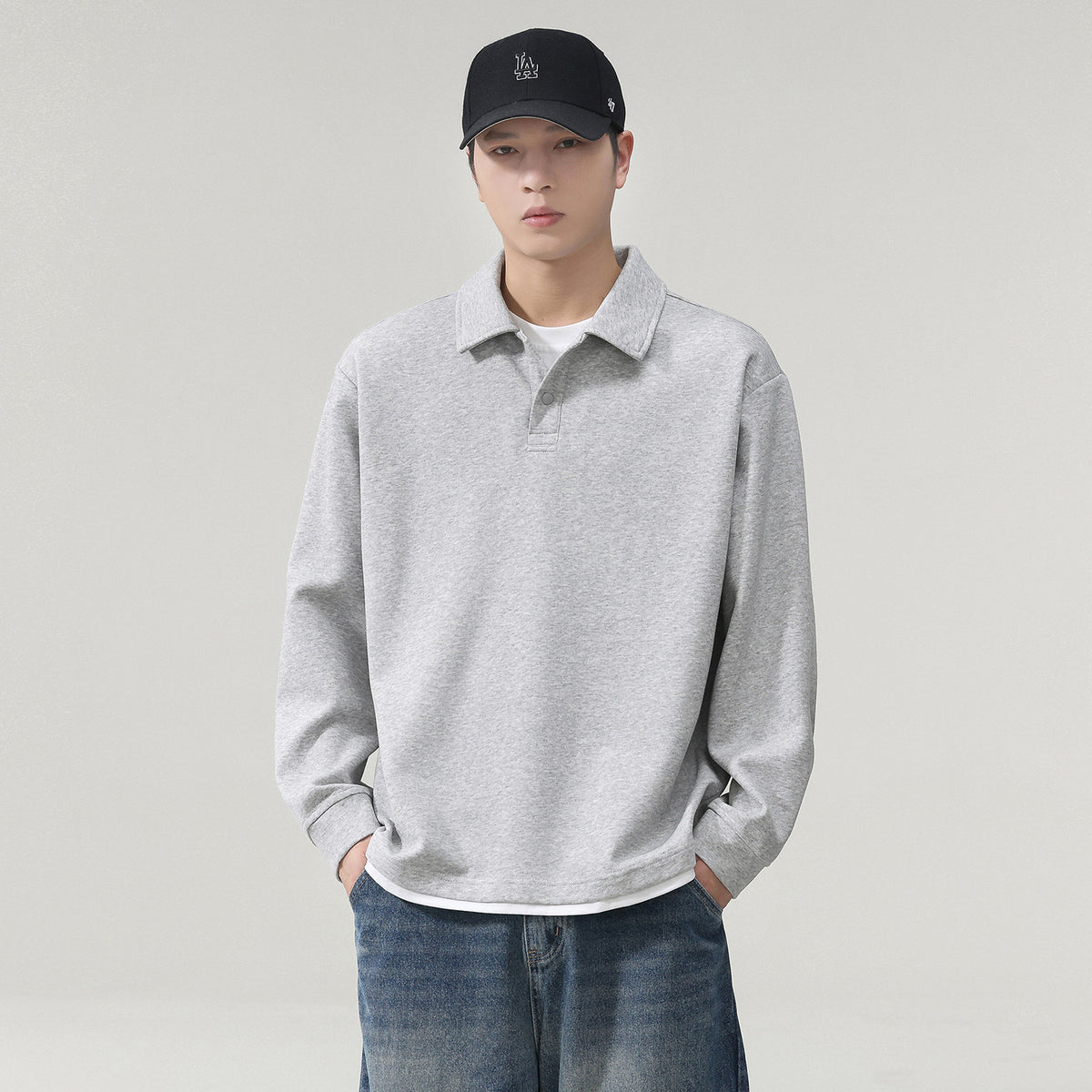 Men's Layered-Look Long-Sleeve Polo Top - Cotton Blend