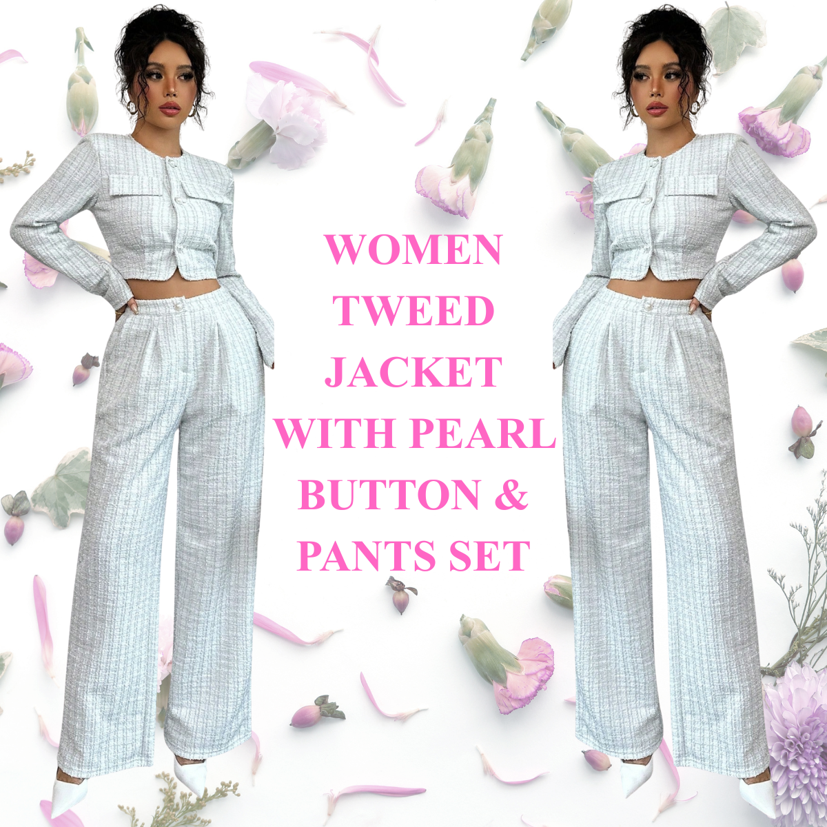 Women's Tweed Jacket with Pearl Button & Pants Set