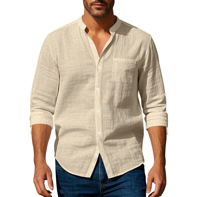 Men's Stand Collar Shirt | Long Sleeve Linen Blend Shirt with Pockets