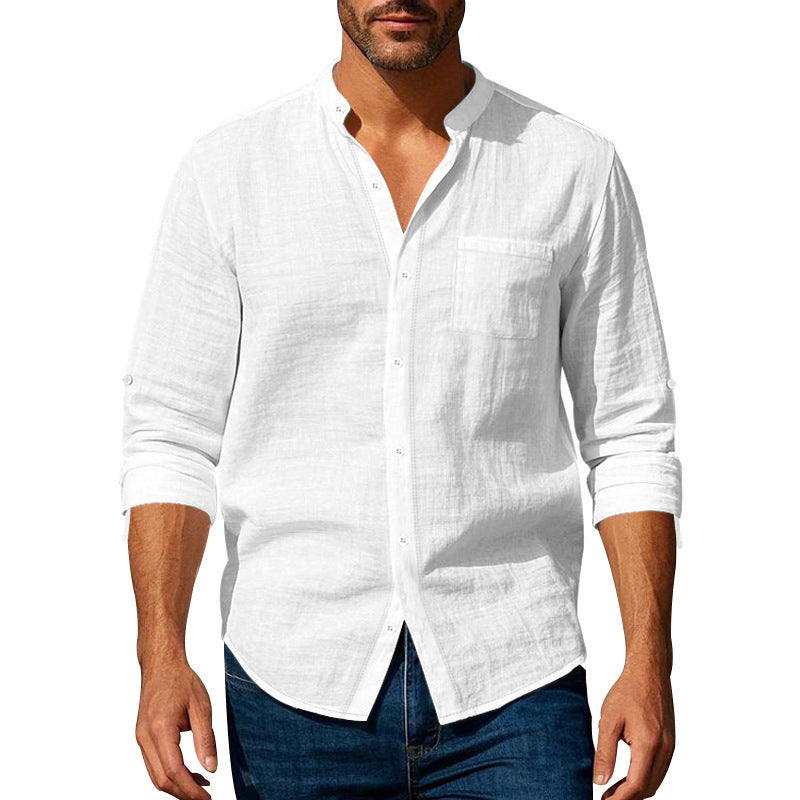 Men's Stand Collar Shirt | Long Sleeve Linen Blend Shirt with Pockets