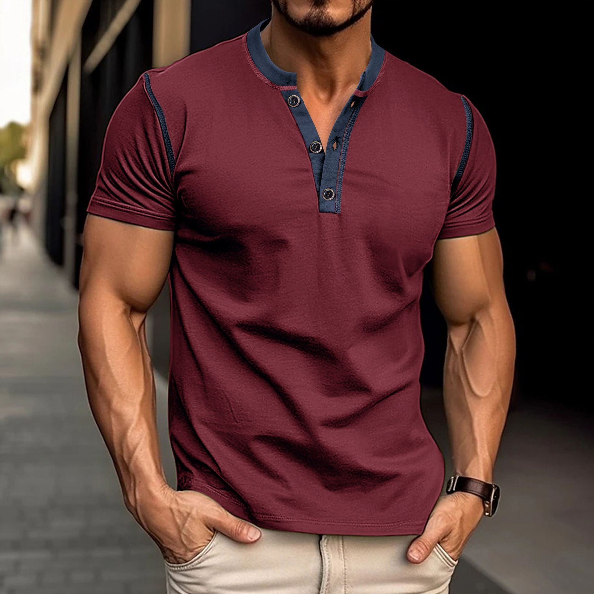 Men's V-Neck Polo Shirt | Summer Button Detail Short Sleeve