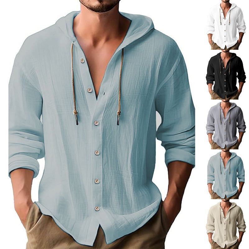 Men's Cotton Linen Hooded Shirt | Button Down Long Sleeve Sweater