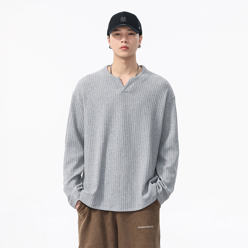 Men's Textured V-Neck Long-Sleeve Shirt - Loose Fit