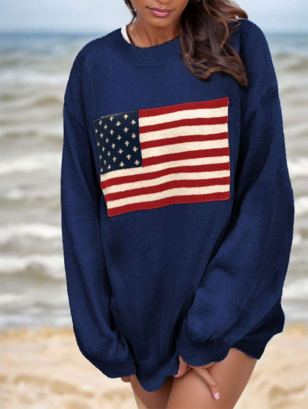 USA Flag Drop Shoulder Women's Sweater | Patriotic Long Sleeve Women's Top