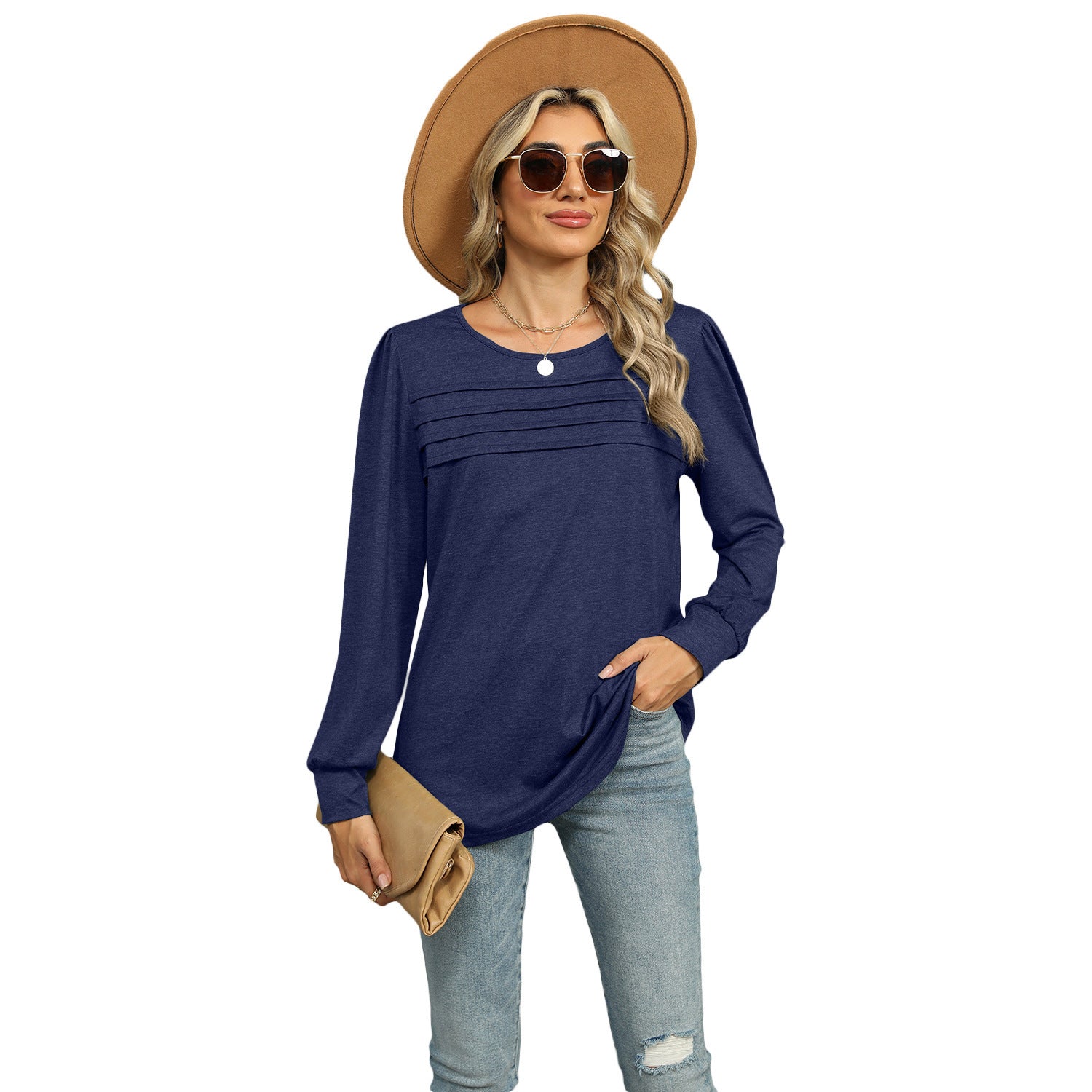 Women's Pleated Long Sleeve Solid Color Top