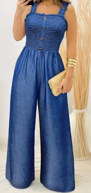 Women's Ruched Sleeveless Jumpsuit | Shirred Wide Leg Romper