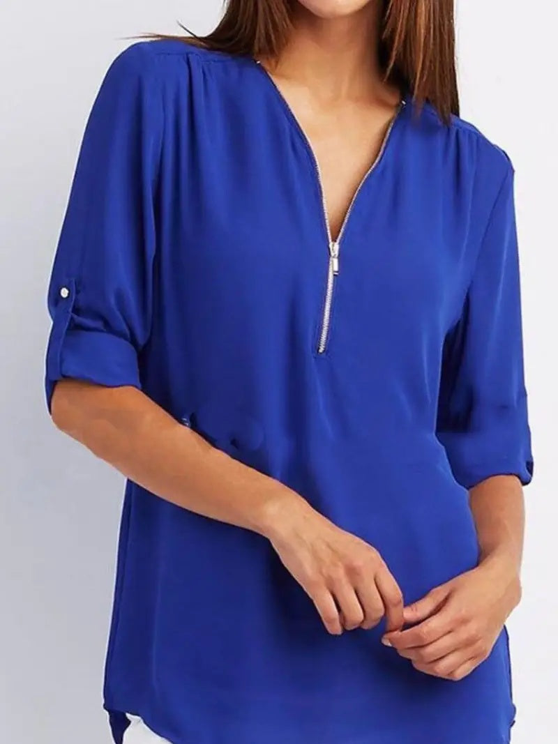 Women's Ruched Half Zip V-Neck Casual Blouse