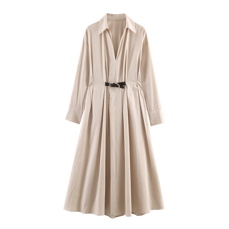 Women's Khaki A-Line Dress - Long Sleeve Waist-Belt Design