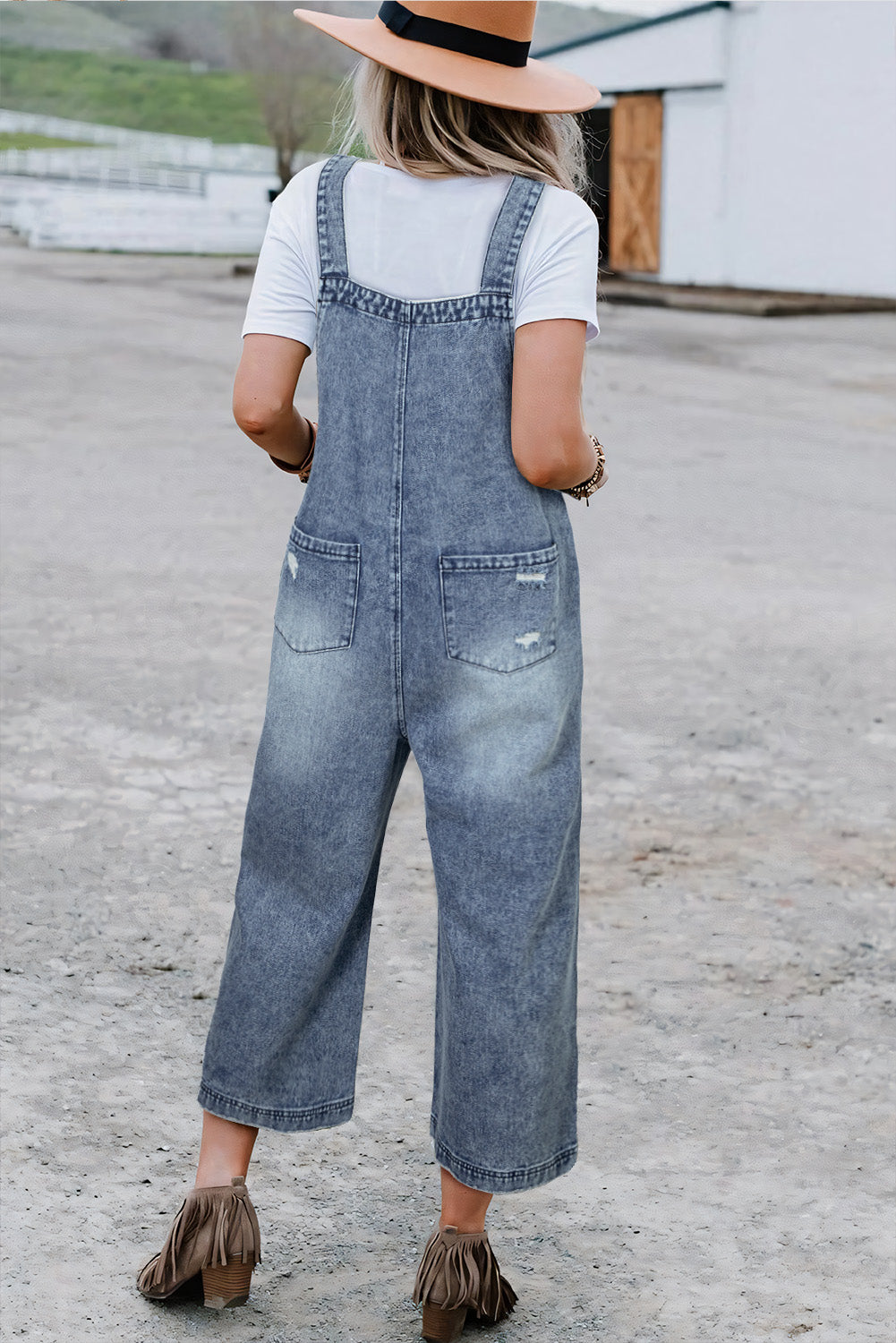 Women's Stone Blue Denim Overall | Distressed Bib Pocket Wide Leg
