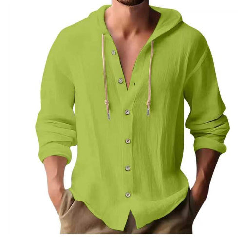 Men's Cotton Linen Hooded Shirt | Button Down Long Sleeve Sweater
