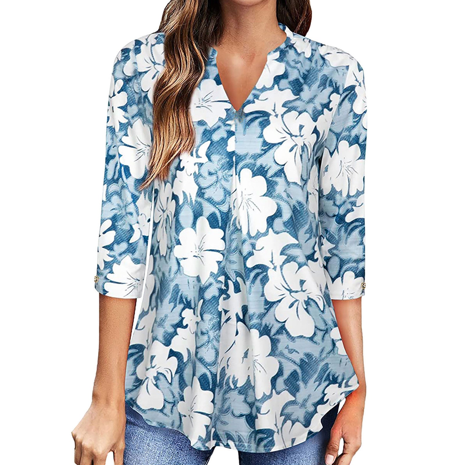 Women's Floral Print V-Neck Pullover Blouse