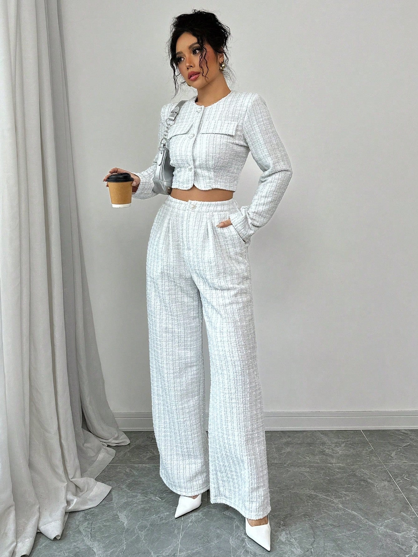 Women's Tweed Jacket & Pants Set | Pearl Button Elegant Suit