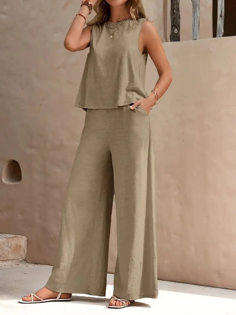 Women's Solid Color Casual Two-Piece Outfit Set
