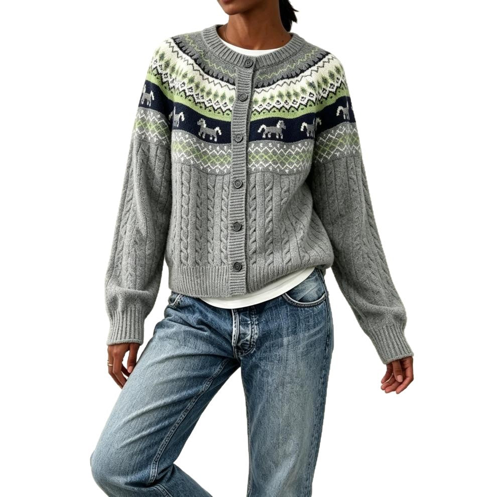 Women's Animal Print Round Neck Sweater - Loose Fit Long Sleeve