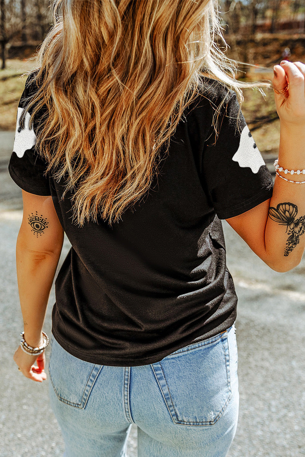 Women's Black Halloween Tee | Ghost Sequin Patch T-Shirt