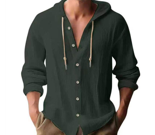 Men's Cotton Linen Hooded Shirt | Button Down Long Sleeve Sweater