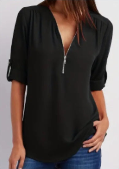 Women's Ruched Half Zip V-Neck Casual Blouse