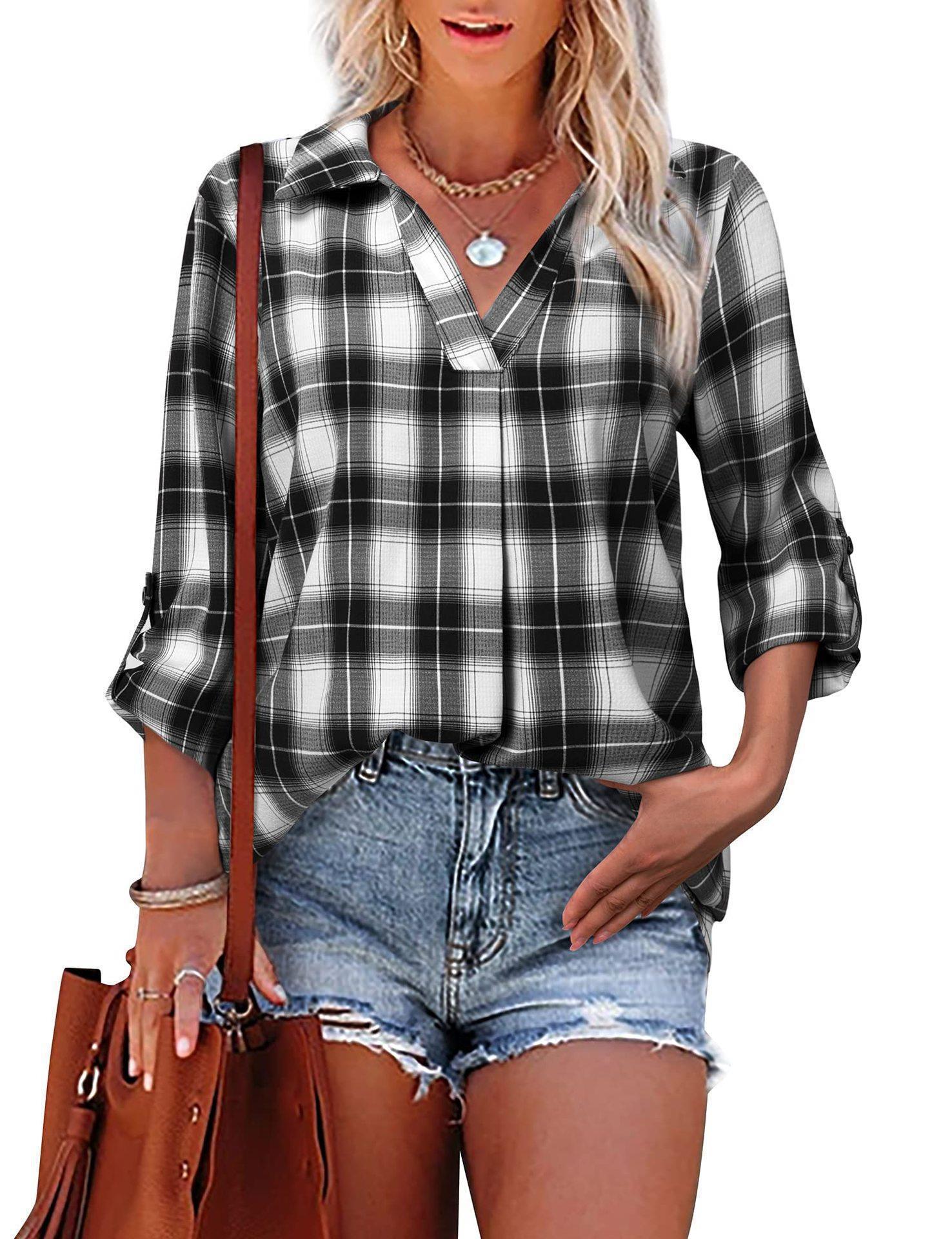 Women’s Loose Plaid Casual Commuter Blouse