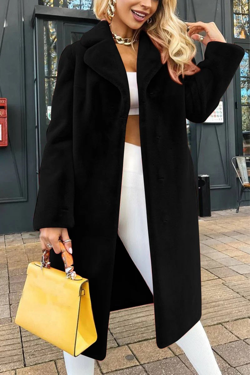 Women's Plush Long Coat | Elegant Lace-Up Turn-Down Collar
