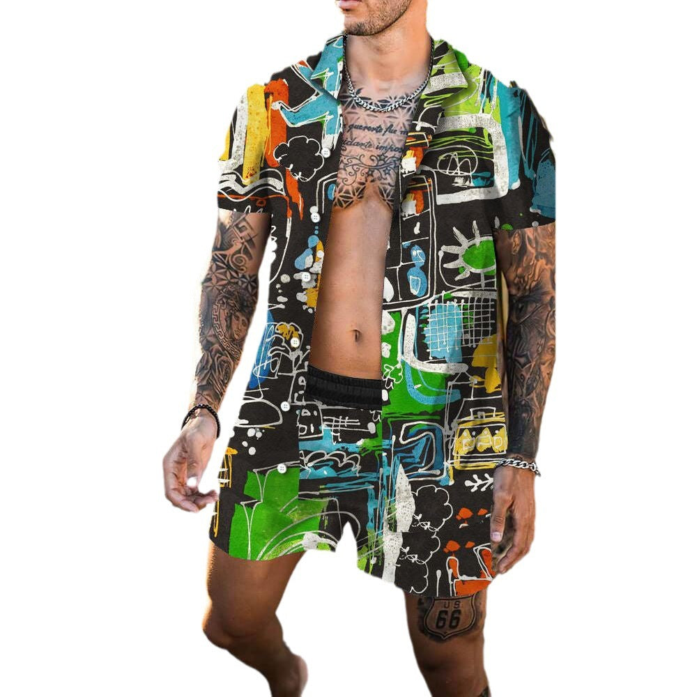 Men's 3D Print Short Set | Lapel Collar Short Sleeve & Shorts Outfit