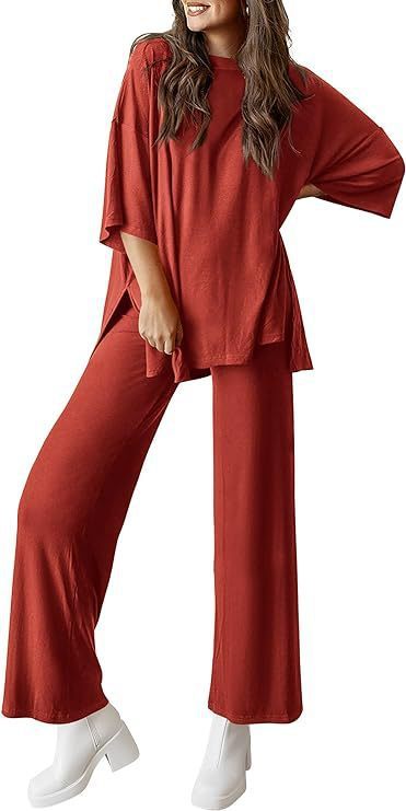 Women's Short Sleeve Pullover Top and Wide Leg Pants Set