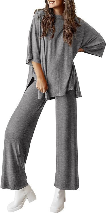 Women's Short Sleeve Pullover Top and Wide Leg Pants Set
