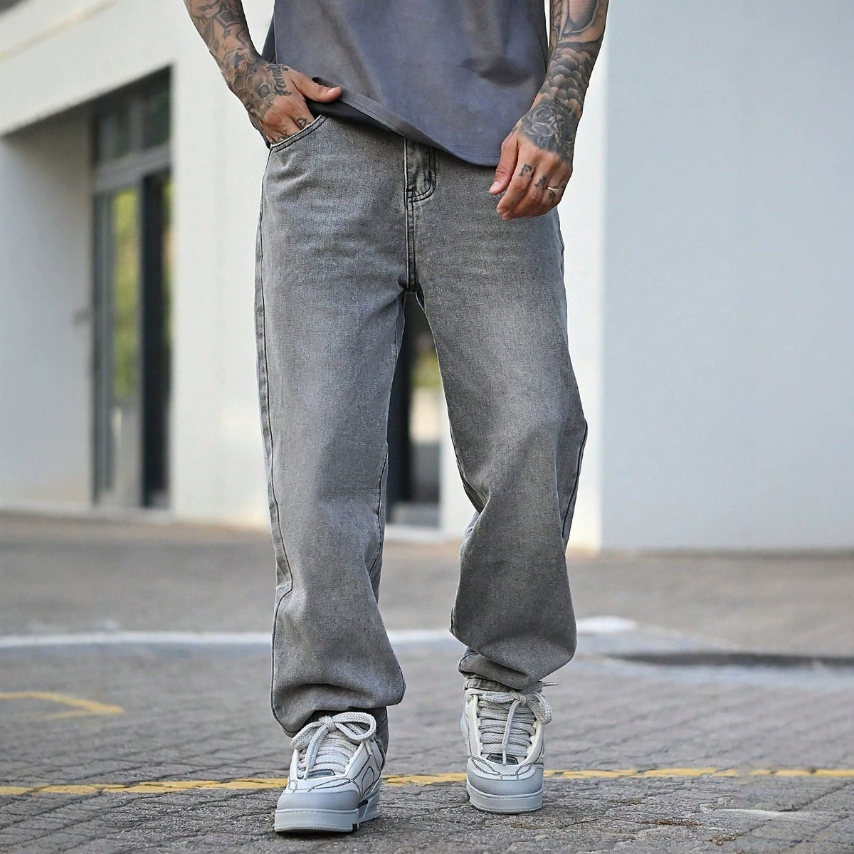 Men's Washed Gray Jeans - Straight Fit, Slight Stretch