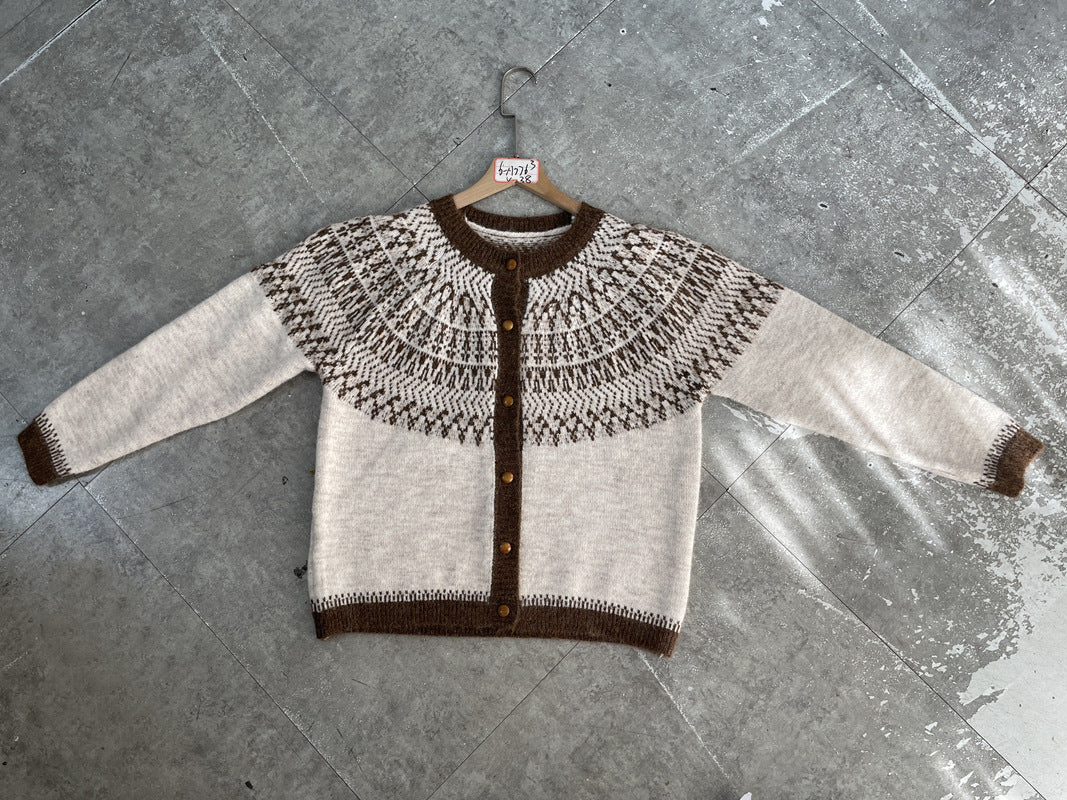 Women's Patterned Button-Front Cardigan - Loose Fit Crew Neck