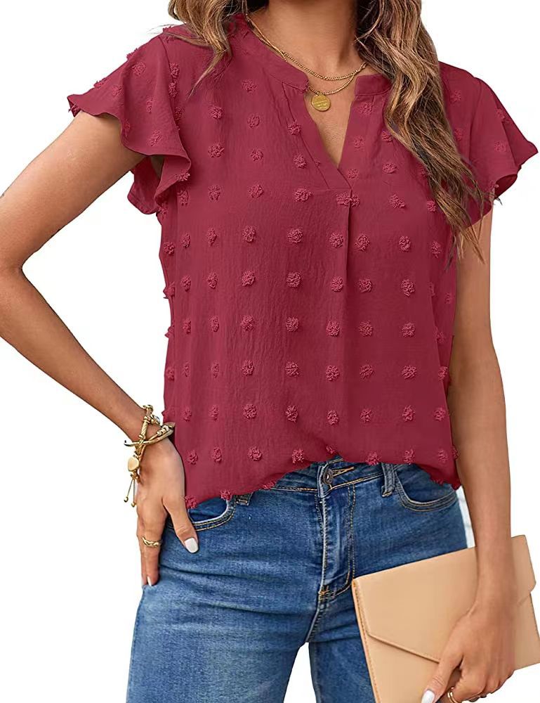 Women's V-Neck Ruffle Short Sleeve Chiffon Blouse
