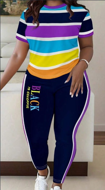 Women's Colorful Stripe Set | Printed T-Shirt & Pants Casual Outfit
