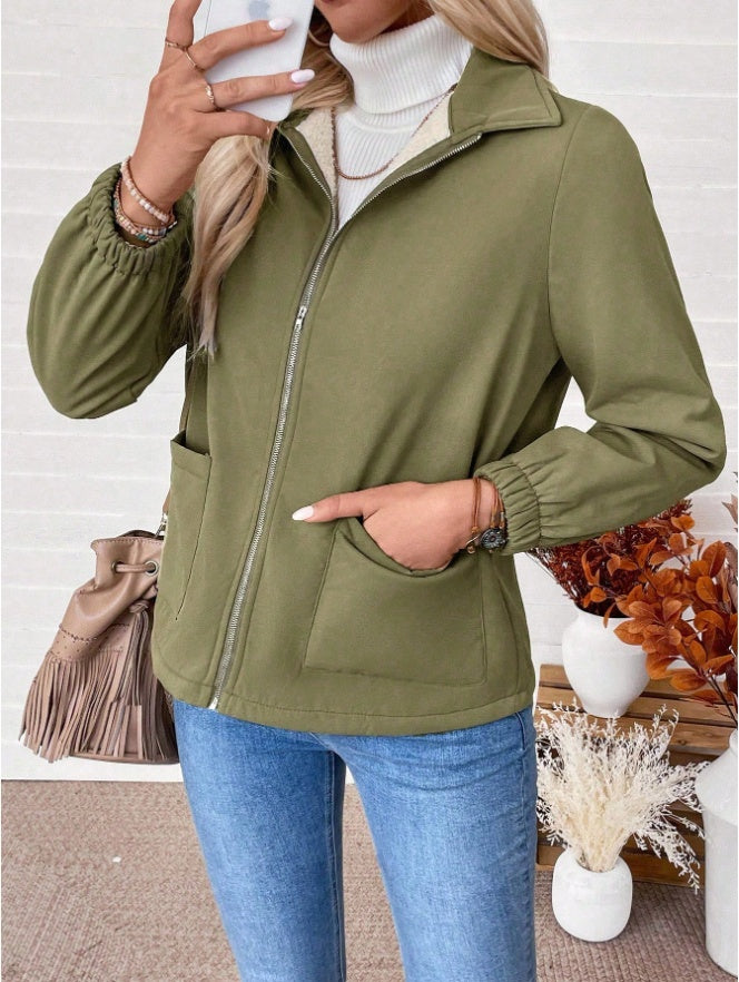 Women's Solid Color Fleece Jacket | Casual Zip-Up Autumn Winter