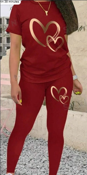Women's Heart Print Set | Short Sleeve T-Shirt & Leggings Outfit