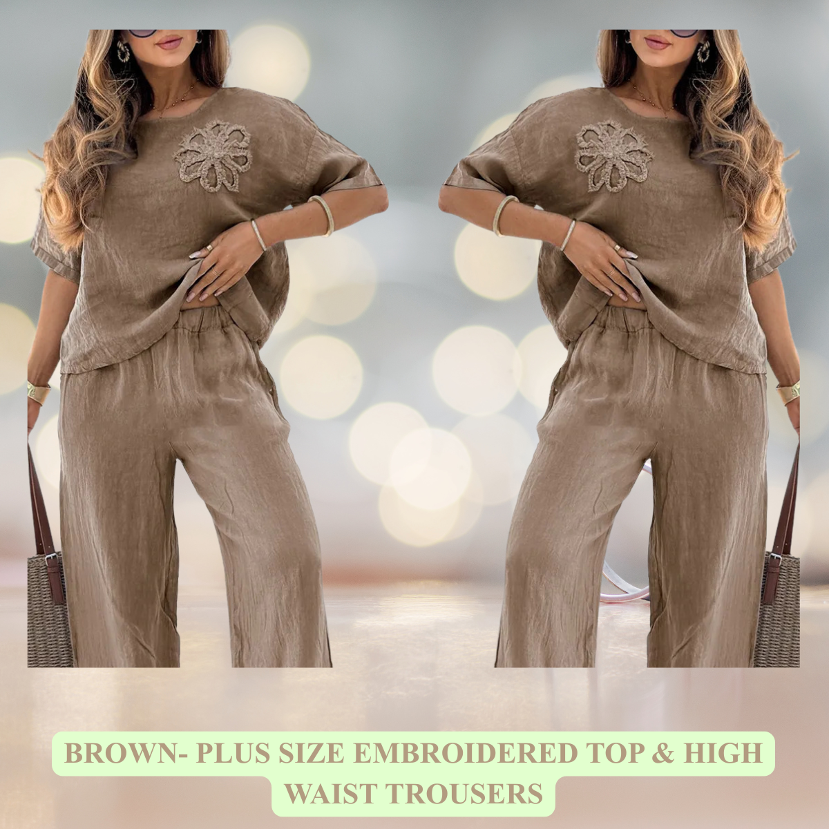 Plus Size Embroidered Top & High Waist Trousers