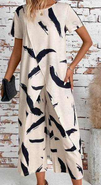 Women's Asymmetric Hem Top & Printed Pants Set | Two-Piece Outfit