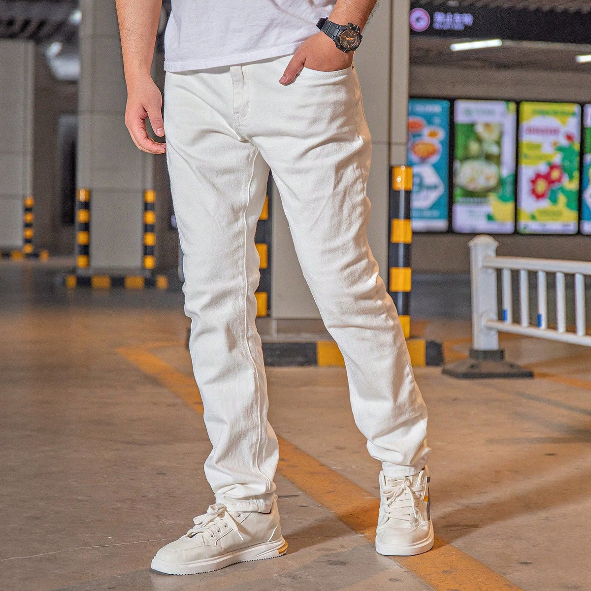 Men's Washed White Jeans - Straight Leg, Mid Rise