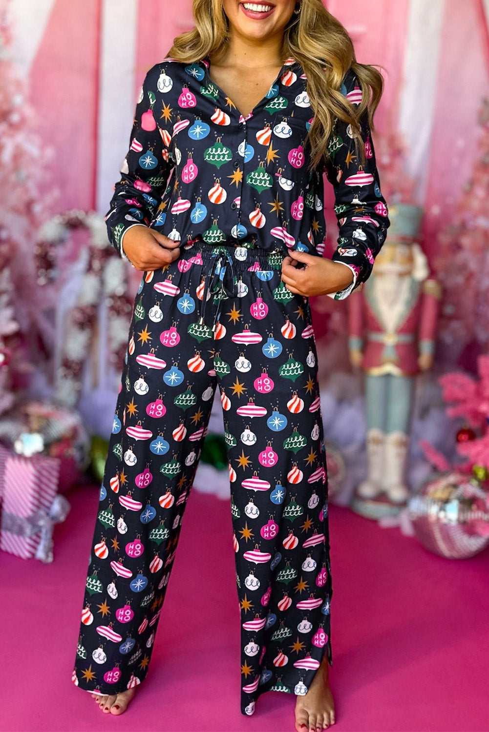 Women's Navy Blue Pajama Set | Christmas Lights Print Shirt & Pants