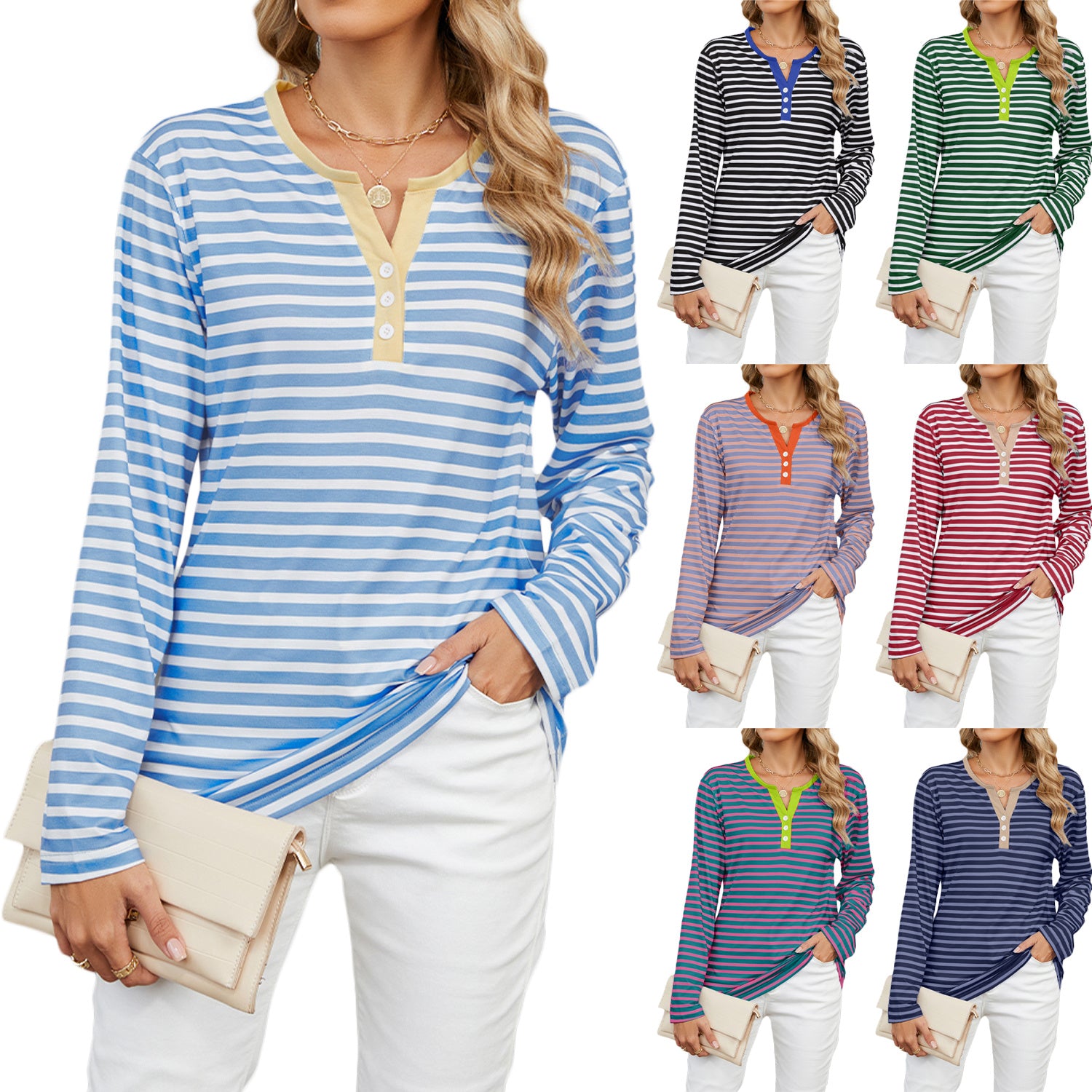 Women's V-Neck Striped Cotton T-Shirt
