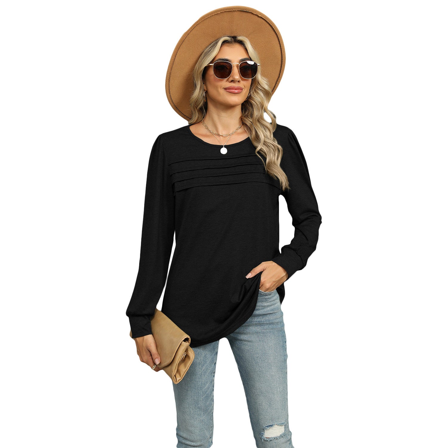 Women's Pleated Long Sleeve Solid Color Top
